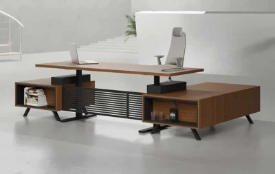Engro sit stand desk with black legs and storage units for ergonomic office workspace in UAE