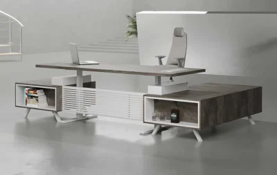 Engro standing desk with white legs and storage units for office workspace in Dubai