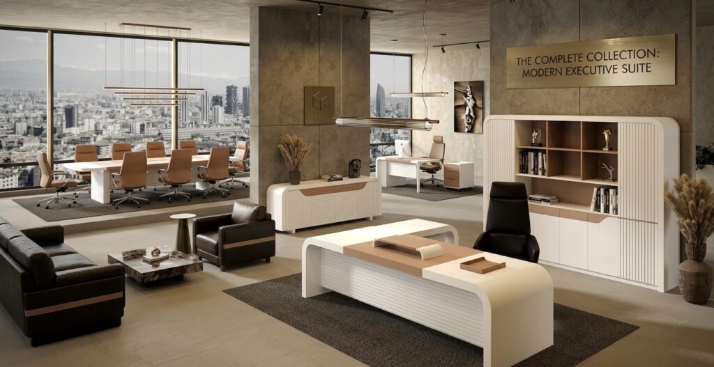 Full collection of modern office furniture in a luxury showroom featuring a white curved executive desk, matching storage cabinets, a large conference table, and leather lounge seating
