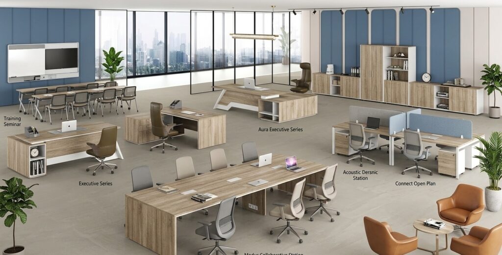 Top office furniture company showroom in Dubai offering modern and ergonomic workspace solutions