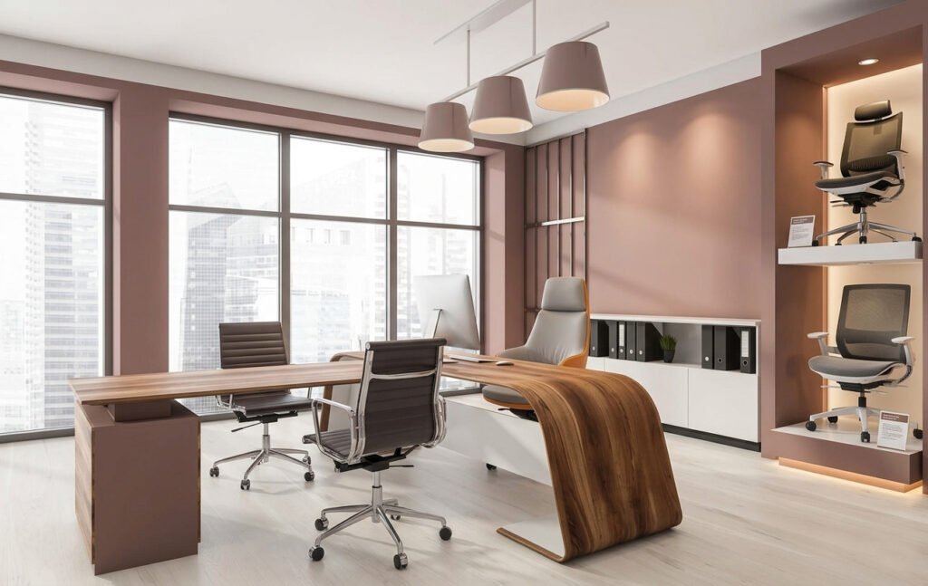 Modern office furniture in Sharjah showroom with ergonomic chairs, desks, and storage solutions