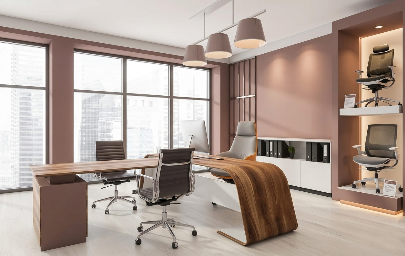 Modern office furniture in Sharjah showroom with ergonomic chairs, desks, and storage solutions