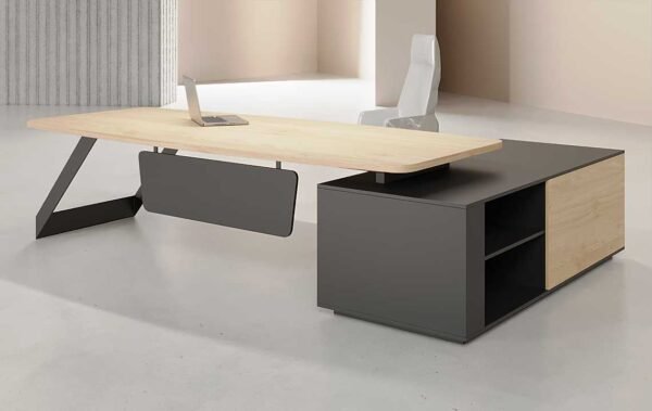 Vela L Shaped CEO Executive Desk Black with lockable drawers and cable management in a modern office setting.