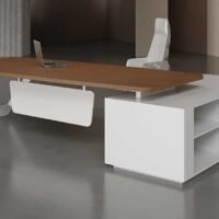Vela L Shaped CEO Executive Desk White with lockable drawers and cable management in a modern office setting.