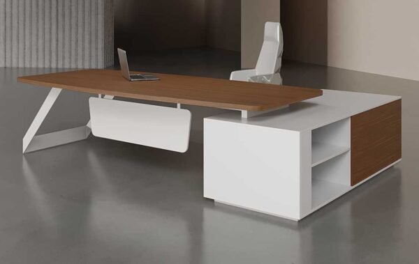 Vela L Shaped CEO Executive Desk White with lockable drawers and cable management in a modern office setting.