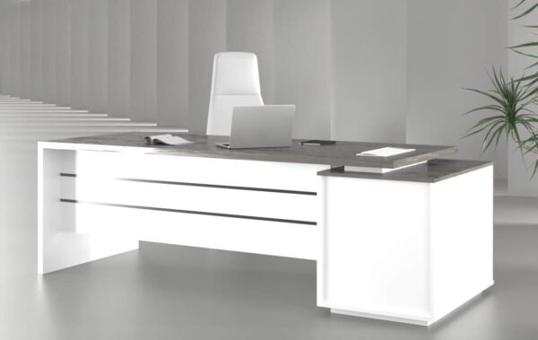 Nexus Straight Executive Desk with white legs, spacious work surface, and integrated storage, designed for modern and traditional office environments.