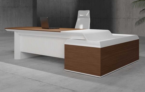 Nexo L Shaped CEO Executive Desk White by Highmoon Office Furniture with lockable drawers, open shelves, and modern L-shaped design