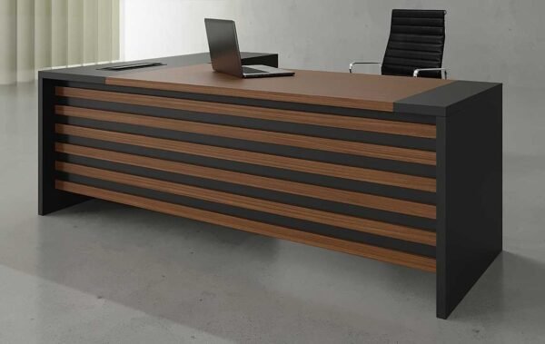 Mavi L Shaped Executive Desk with Black Legs featuring three lockable drawers and open shelves for modern office storage.