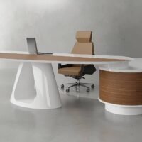 Flyn L Shaped CEO Executive Desk White featuring three lockable drawers and open shelves for modern office workspace organization.