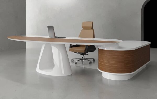 Flyn L Shaped CEO Executive Desk White featuring three lockable drawers and open shelves for modern office workspace organization.