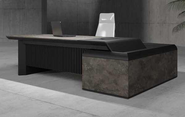 Nexo L Shaped CEO Executive Desk Black with three lockable drawers and cable management grommet, designed for modern executive offices