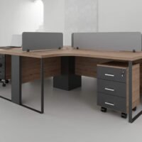 Sync 4 Cluster L Shaped Workstation This is Sync 4 Cluster L Shaped Workstation.This table is crafted with environmentally friendly & Scratch-resistant Wood, concrete-finished MFC materials & a TGIC powder-coated flat bar MS frame
