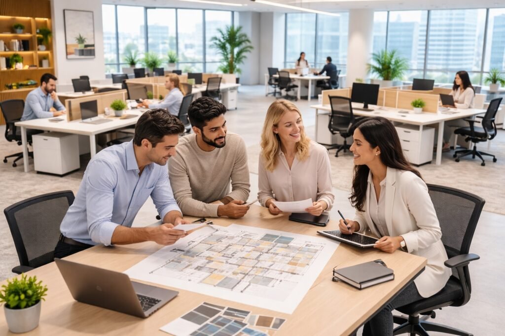 Modern office workstation desks in a collaborative workspace layout