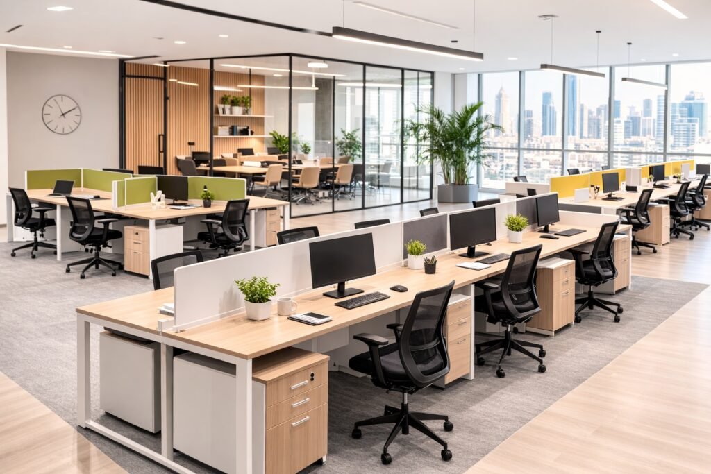 Modern office workstation layouts with modular desks arranged in an open office workspace