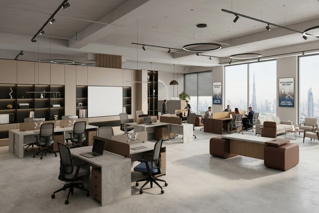 Modern office furniture workspace by Highmoon Office Furniture in Dubai featuring luxury executive desks and ergonomic office setup.