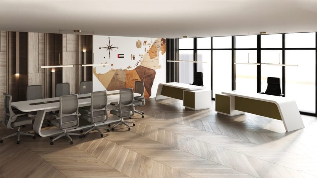 Modern office workspace with ergonomic desks and stylish office furniture in Dubai showcasing 2026 office furniture trends by Highmoon Office Furniture.