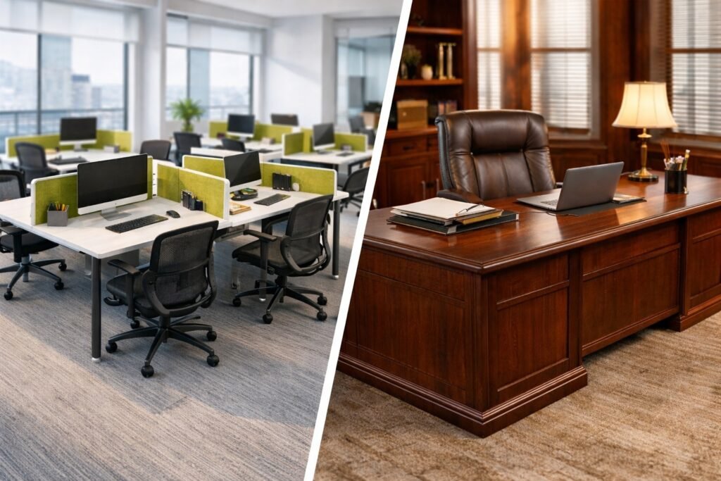 Modern office workstation setup compared with a traditional executive office desk in a professional workspace.