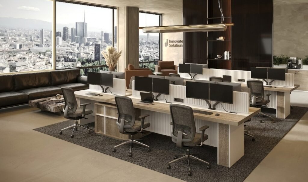 Modern small business office furniture setup with workstation desks and ergonomic chairs in UAE